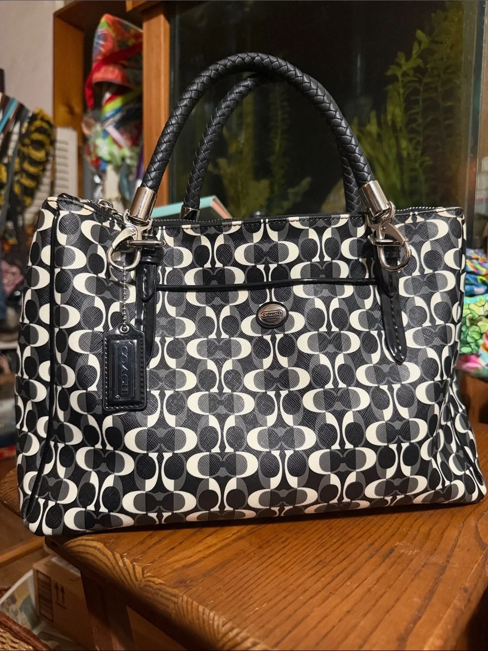 Coach Black and White Dream C Logo Signature Canvas Tote with Wristlet